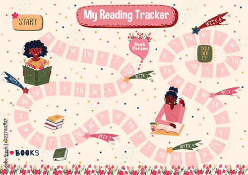 Habits Tracker for reading books for 7 weeks. Daily planner for reading books. Schedule for students. Stickers with Afro American woman reading books. Printable routine for every day. for 7 weeks