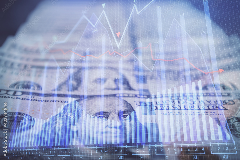 Double exposure of forex graph drawing over us dollars bill background. Concept of financial markets. Double exposure of forex graph drawing over us dollars bill background. Concept of financial markets.