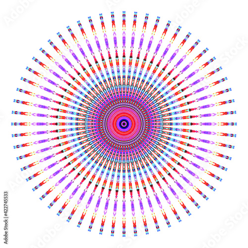 Creative multicolored points round symbol. Abstract symmetrical logo. Mosaic colorful beautiful beads. Circle dots modern pixel floral art icon. Colored pattern ornament wheel decorative illustration.