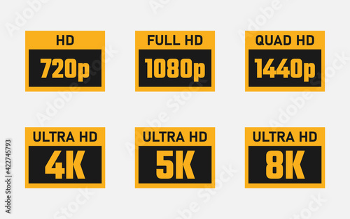 4K UHD, 5K, 8K, Quad HD, Full HD and HD video or screen resolution signs