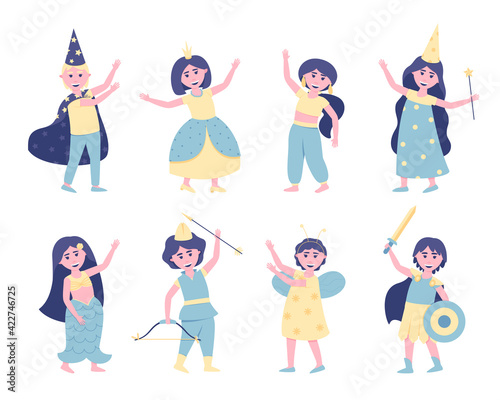 Set of children in carnival costumes. Children dressed up in costumes of heroes to participate in the holiday. Festive cheerful mood. Butterfly, princess, archer, fairy. Flat vector illustration.