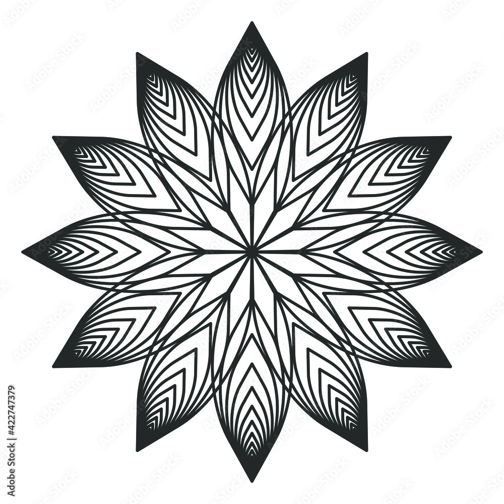 Obraz premium Flower vector icon. Blossom symbol. Flora leaf sign. Abstract geometric ornament pattern. Decorative mandala bloom art logo. Isolated on white background. 