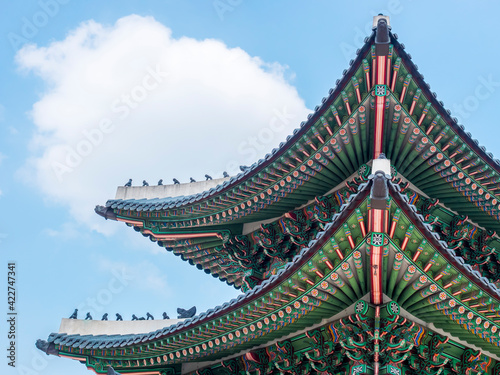 Korean traditional roof in Seoul, South Korea. Asian architecture