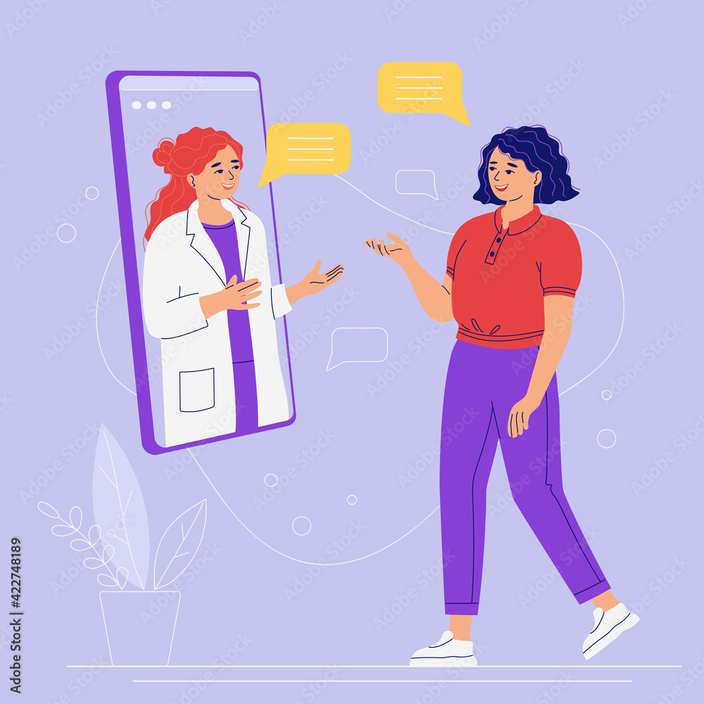 Concept of medical online services, consultation, support. Video call from a patient to doctor via an application on a smartphone. Family internet doctor woman on the phone screen. Vector illustration