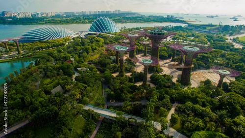 drone panorama of Singapur and Gardens by the Bay