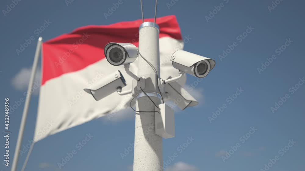 Waving flag of Indonesia and the security cameras on the pole. Looping 3d animation Waving flag of Indonesia and the security cameras on the pole. Looping 3d animation