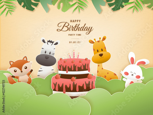 Invitation birthday greeting card with a cute animal. jungle animals celebrate children's birthday and template invitation paper art style vector illustration.	