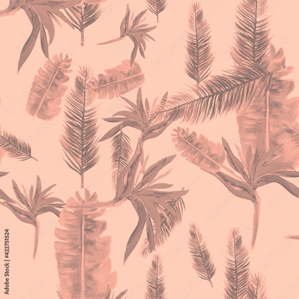 Coral Pattern Design. Gray Tropical Textile. Pink Floral Background. Watercolor Plant. Summer Art. Garden Design. Spring Texture. Drawing Leaf.