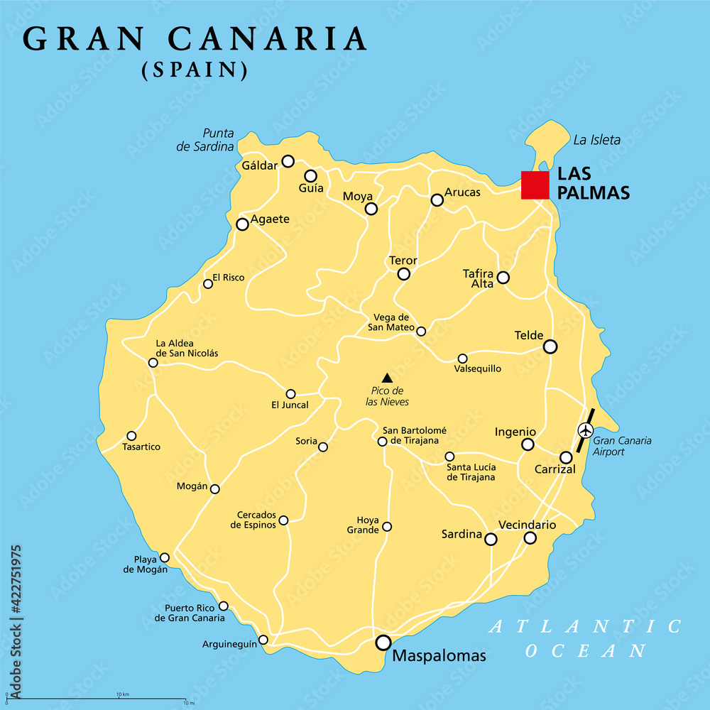bedstemor Metode Dyster Gran Canaria political map with capital Las Palmas and important towns.  Grand Canary Island, part of