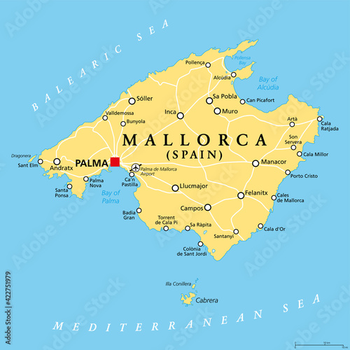 Mallorca political map, with capital Palma and important towns. Majorca, largest Island of the autonomous community of the Balearic Islands, and part of Spain, located in the Mediterranean Sea. Vector