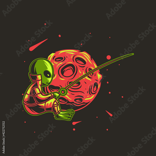 t shirt design alien fishing illustration