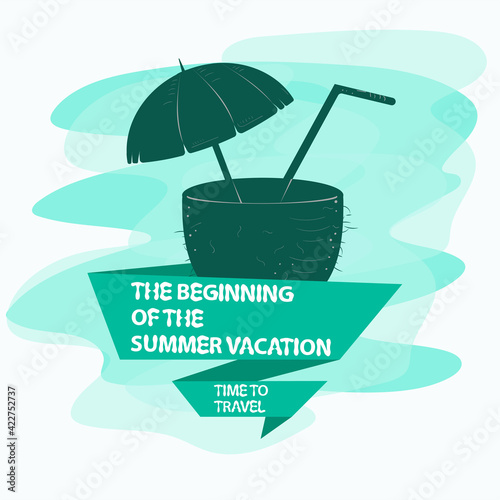 icon sticker for the design on the theme of recreation vacation and travel coconut with a drink inside the flag with the inscription slogan the background can be removed