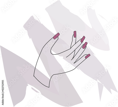 Vector hand painted graphic sigh illustration with black contour hand with red nails with brush strokes on the transparent background for icon highlights design elements