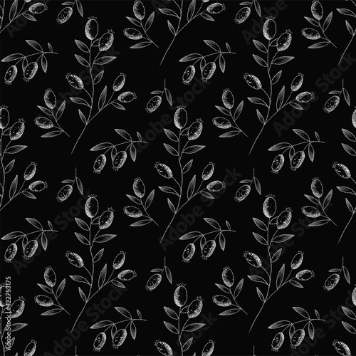 white Rosehips with flowers and berries seamless pattern for tea. Black and white Graphic drawing, engraving style. hand drawn illustration on black background