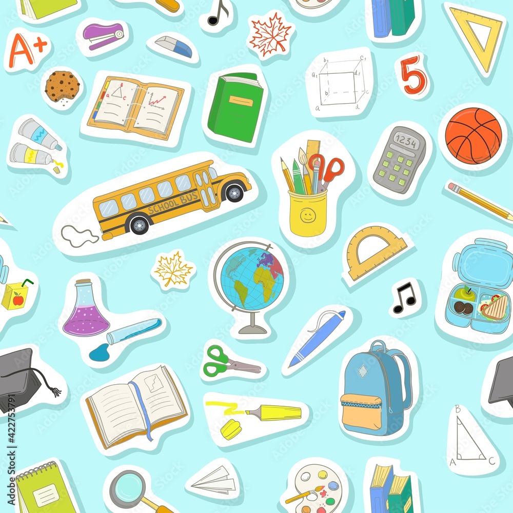 Seamless pattern with hand drawn school supplies and objects. Can be installed in any size without seams. Back to school vector illustration