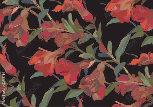 Blooming pomegranate branch. Seamless hand-drawn vector pattern.