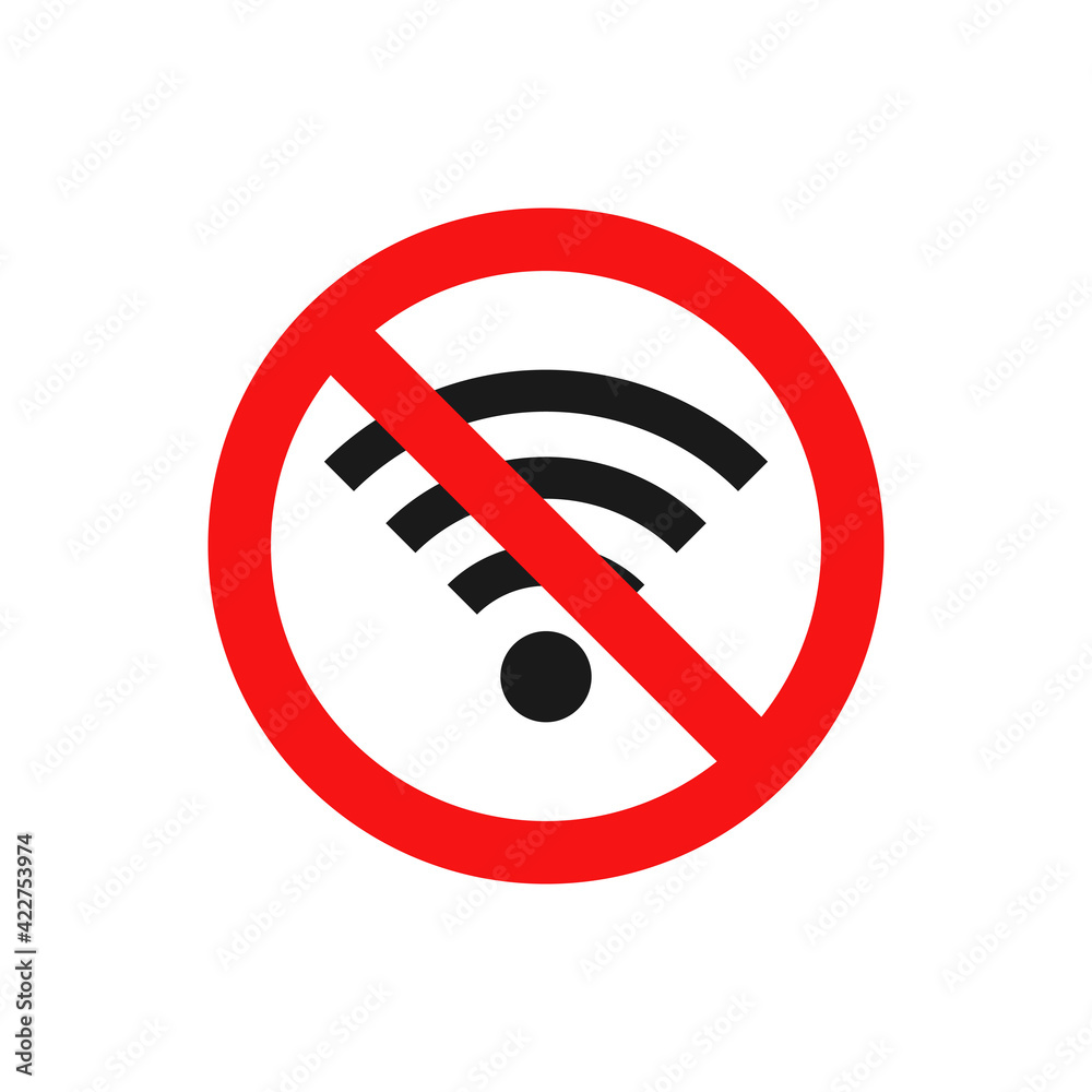 No wifi icon. Red ban circle sign. Prohibition wireless network pictogram. No internet concept. Wireless technology symbol. Vector isolated on white background No wifi icon. Red ban circle sign. Prohibition wireless network pictogram. No internet concept. Wireless technology symbol. Vector isolated on white background