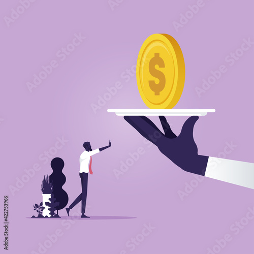 Stop corruption - Businessman Refusing The Offered Money, Big hand Give Money to Businessman who Refuse Taking Bribe, Businesspeople during Corruption Deal, Business Corruption Concept