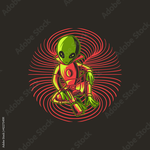 t shirt design alien sit cross-legged with a gun illustration