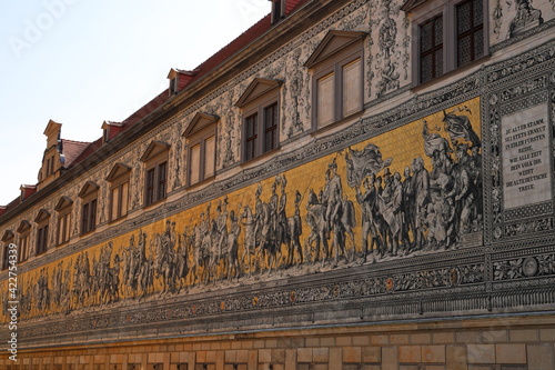 The Fürstenzug - the Saxon sovereigns depicted in Meissen porcelain. Dresden, Saxony, Germany, Europe.