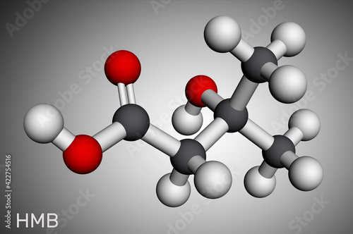 Beta-hydroxy beta-methylbutyric acid, HMB, beta-Hydroxyisovaleric acid molecule. It is indicator of biotin deficiency, leucine metabolite. Molecular model. 3D rendering photo