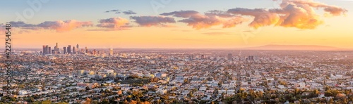 Los Angeles skyline during sunset as seen from behind the Griffith Observatory in Griffith Park. © khalid