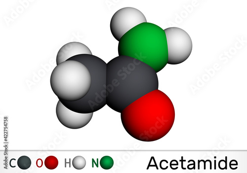 Acetamide, ethanamide molecule. It is a monocarboxylic acid amide. Molecular model. 3D rendering photo