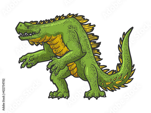 Cartoon dinosaur monster animal color sketch engraving vector illustration. T-shirt apparel print design. Scratch board imitation. Black and white hand drawn image. © Oleksandr Pokusai