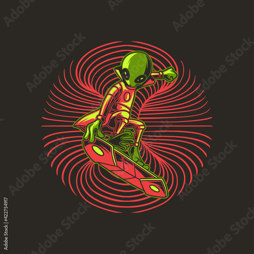 Canvas Print t shirt design alien with the hand holding the surfboard surfing illustration