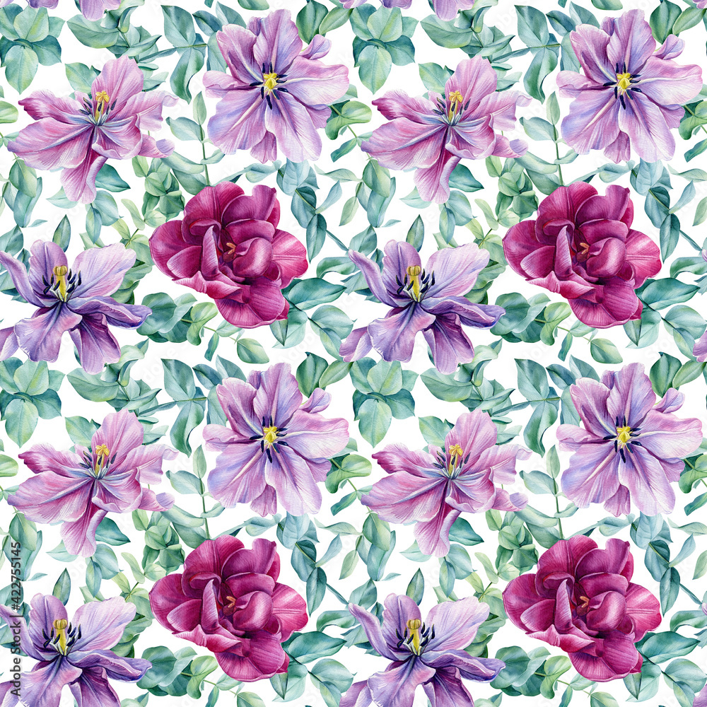 Floral seamless pattern of spring flowers on an isolated background, watercolor hyacinths, eucolyptus, tulips
