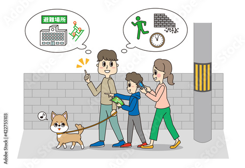 ペットの愛犬と災害からの避難ルートを考える家族