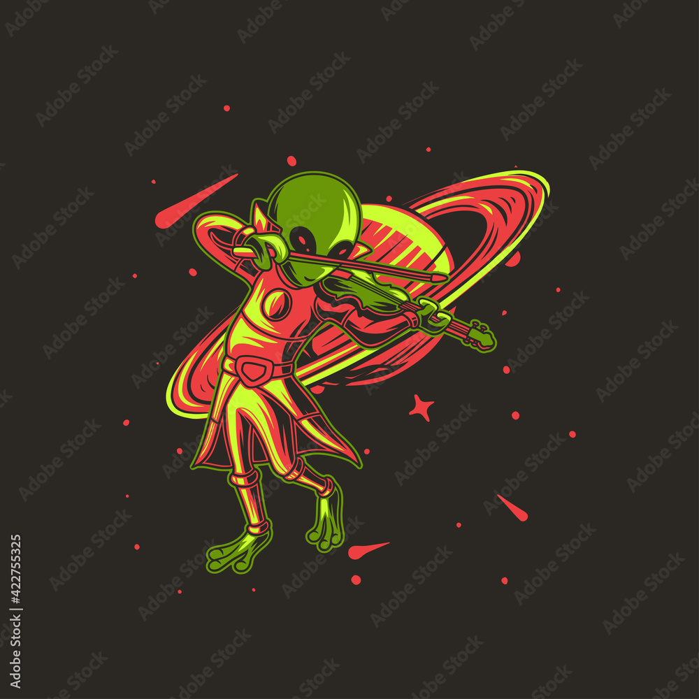 t shirt design alien playing the violin against the planet background illustration