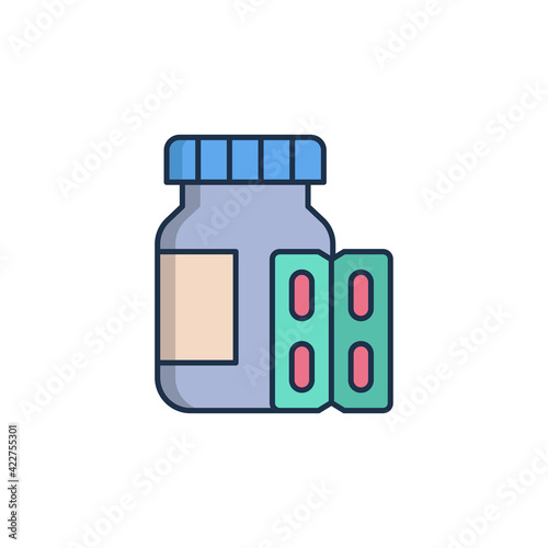 Medicine bottle and pills icon isolated on white background. Bottle pill sign. Pharmacy design. Set icons colorful square buttons. Vector Illustration