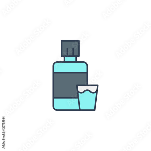 Mouthwash plastic bottle and glass icon isolated on white background. Liquid for rinsing mouth. Oralcare equipment. Set icons colorful. Vector Illustration