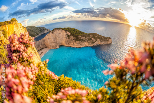 Fototapeta Naklejka Na Ścianę i Meble -  Navagio beach with shipwreck against colorful flowers on Zakynthos island, Greece
