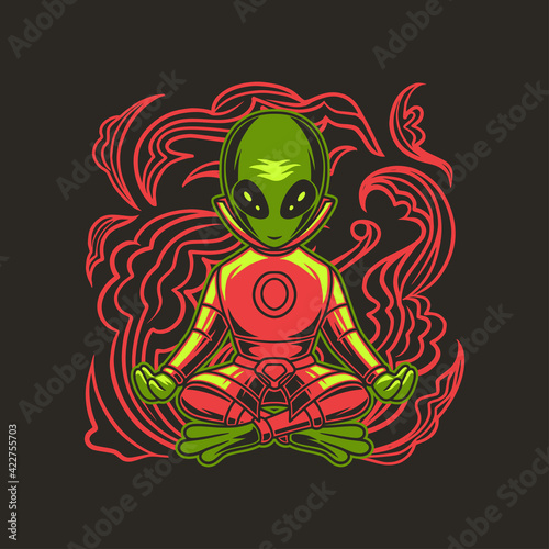 t shirt design alien gymnastics sitting pose yoga illustration