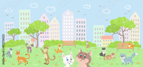 A group of cute cats walks in the summer city park. In cartoon style. Vector illustration. © Shvetsova Yulia