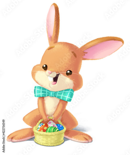 Cute Illustration of an Easter bunny holding a basket of Easter eggs. Isolated on a white background.