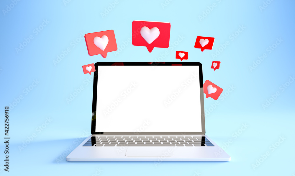 Laptop mockup with many like notifications at blue background. Social media concept. 3d rendering Laptop mockup with many like notifications at blue background. Social media concept. 3d rendering