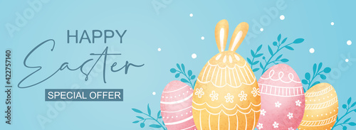 Easter poster and banner template with Easter eggs on blue background.