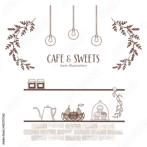 ディススプレイ棚とカフェグッズのイラスト-1