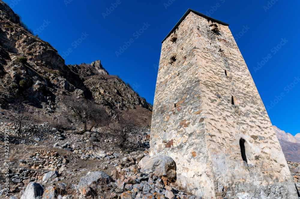 View of medieval Tower Fortress Abay-Kala in Northern Caucasus, Russia