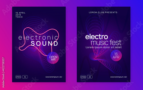 Neon music poster. Electro dance dj. Electronic sound fest. Club event flyer. Techno trance party.