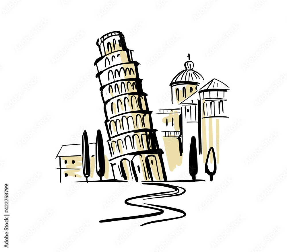 Leaning tower of pisa. Italy hand drawing. Pizansky tower at Miracle field. 