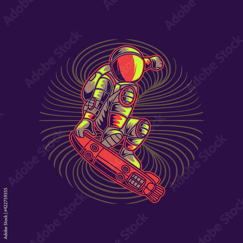 t shirt design astronauts with the hand holding the surfboard surfing illustration