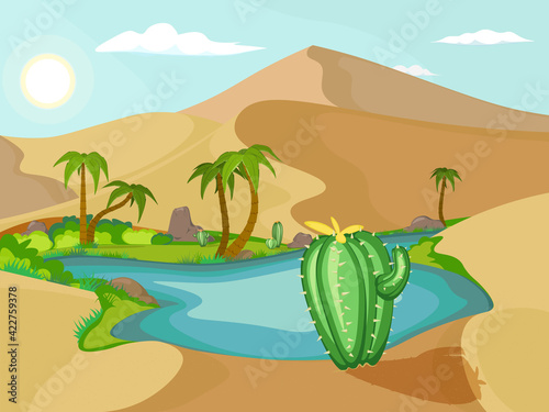 Oasis in the desert dunes. Desert landscape scene with oasis
