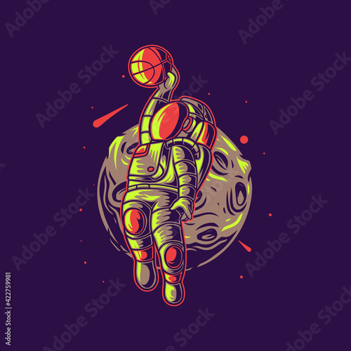 t shirt design astronaut astronaut with moon background basketball illustration
