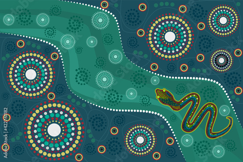 Landscape with snake in decorative ethnic style. Australia culture art  with river and serpent. Aboriginal style of dot painting. For flyer, poster, banner, placard, brochure.Stock vector illustration