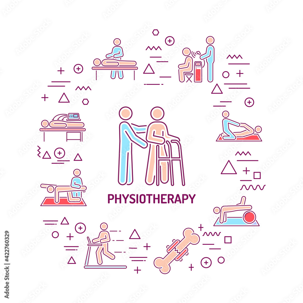 Physiotherapy web banner. Infographics with linear icons on white background. Creative idea concept. Isolated outline color illustration Physiotherapy web banner. Infographics with linear icons on white background. Creative idea concept. Isolated outline color illustration