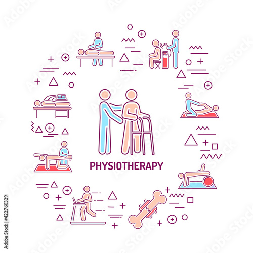Physiotherapy web banner. Infographics with linear icons on white background. Creative idea concept. Isolated outline color illustration